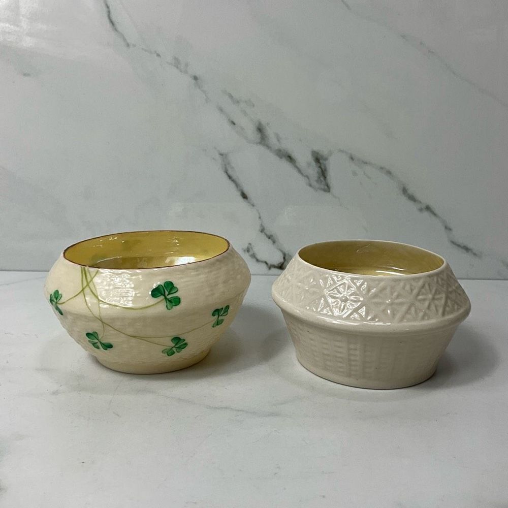 VINTAGE BELLEEK Porcelain Sugar Bowls Shamrock and Basketweave
